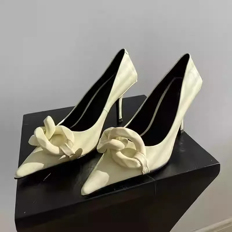 

Light Yellow Patent Leather Closed-Toe Stiletto Heels Women's Pointed Toe Thin Heel Pumps Shoes