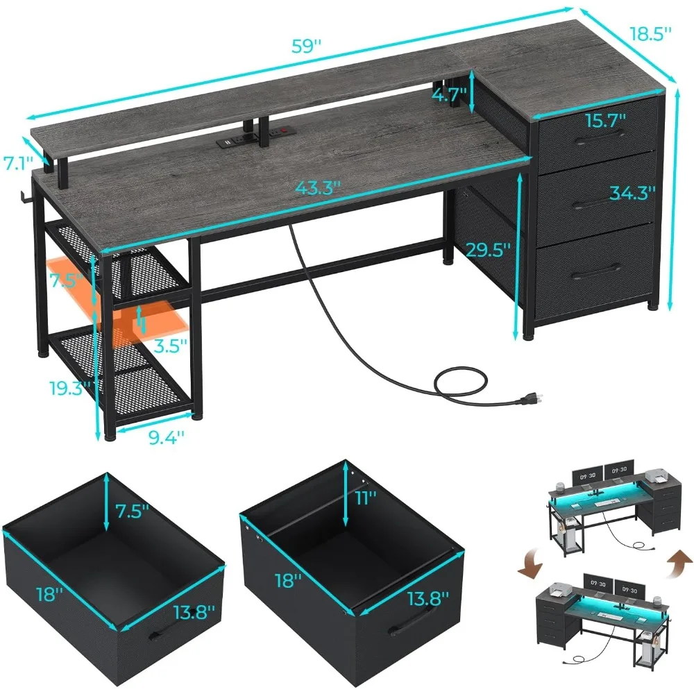 Gaming Desk with Storage and File Drawers, LED-lit Computer Desk with Power Outlet, Home Office Desk for Comfortable Work Enviro
