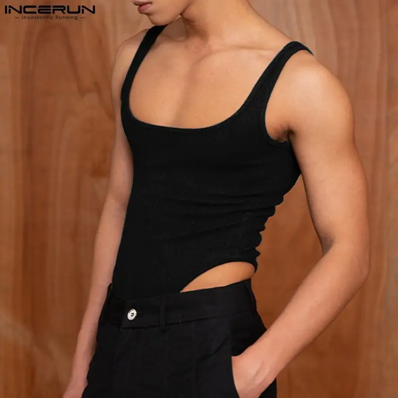 2023 Men Bodysuits Solid Color O-neck Sleeveless Streetwear Fashion Male Rompers Fitness Tank Tops Sexy Bodysuit S-5XL INCERUN