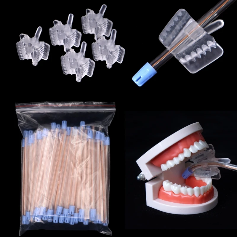 5Pcs Dental Silicone Bite Block and 100Pcs Disposable Saliva Ejector Aspirator Tube Mouth Opener Occlusal Pad with Hole