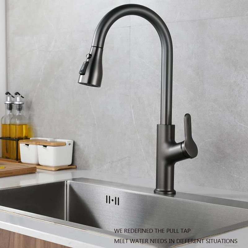 

Gun Gray Pull-Out Kitchen Faucet 360° Rotation Three Modes Outlet Water Single Hole Sink Dishwashing Basin Dishwashing Basin Hot