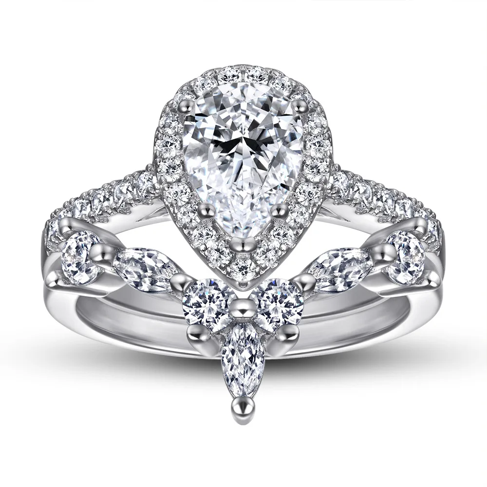 

S925 sterling silver plated 18K gold PT950 platinum gemstone horse eye water droplet shaped layered ring single row diamond