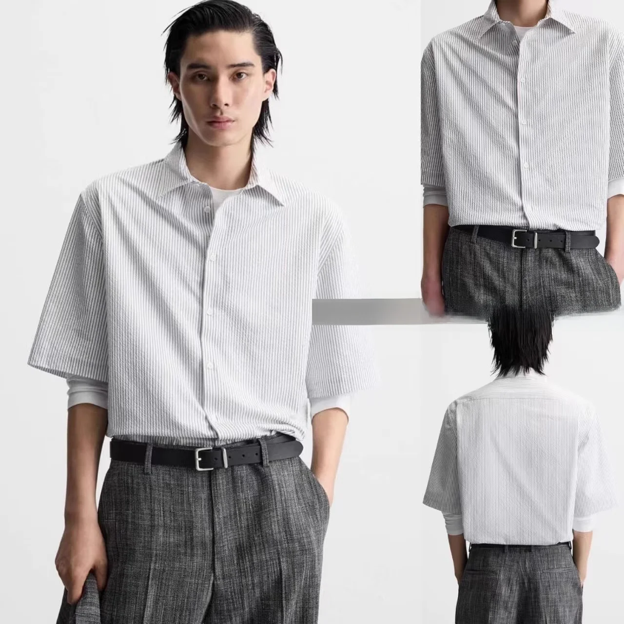 

Loose Fit Bubble irt Men's Summer New Arrival Cool Feeling Turn Collar ort Sve irt Young People's Regular Length