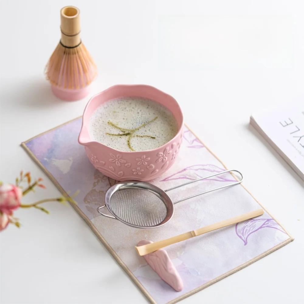 2/4/7 Pcs New Ceramic Matcha Bowl Flower Sakura Matcha Making Kit with Pouring Spout Reusable Japanese Tea Set Tea Lovers
