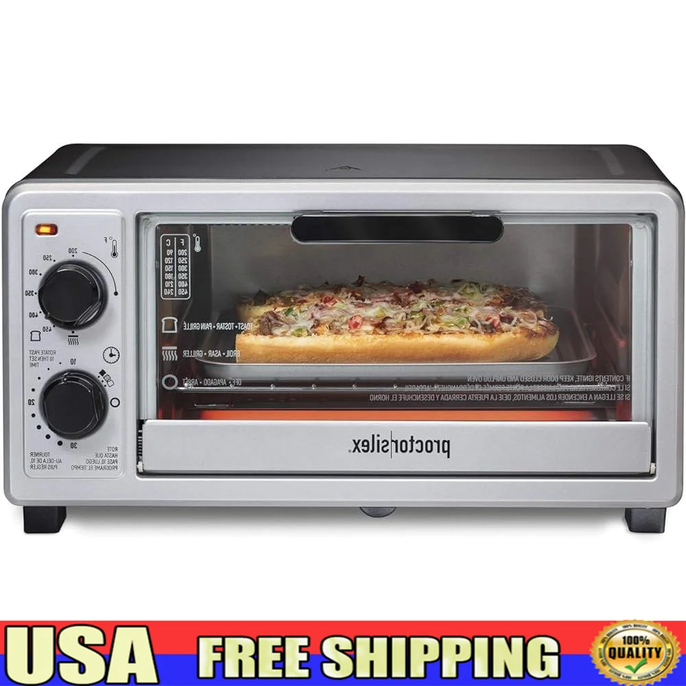 

4 Slice Toaster Oven with Bake Broil Function 1100 Watts 30 Min Timer Auto Shutoff Easy Controls Bake Pan Oven Rack Compact