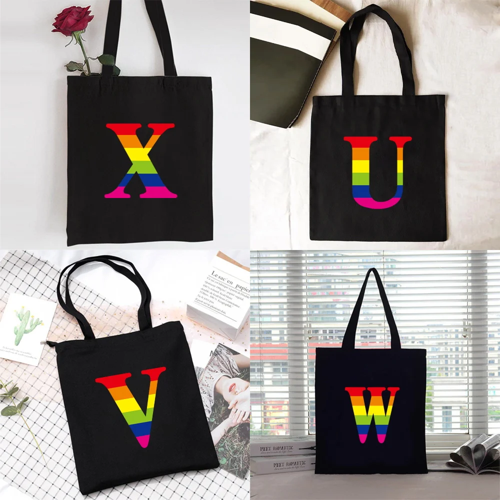 

Shopping Bag Women Handbag Shoulder Bag Ladies Shopper Canvas Bag Reusable Commute Large Capacity School Tote Bag Rainbow Print