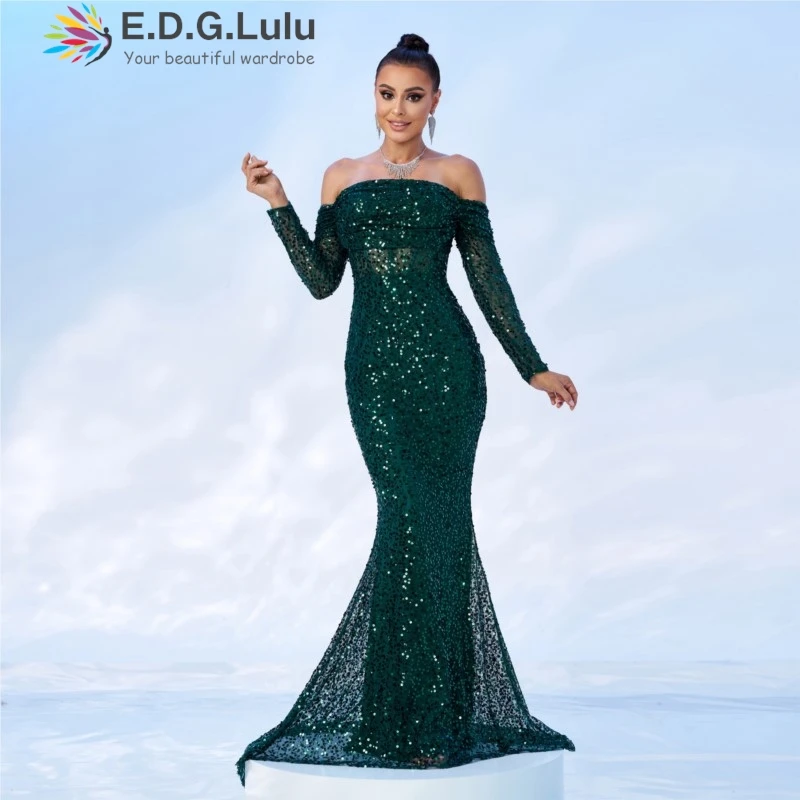 EDGLuLu Off Shoulder Long Sleeved Birthday Dresses Luxury 2024 Woman Backless Green Glitter Sequin Long Mermaid Dresses 1202