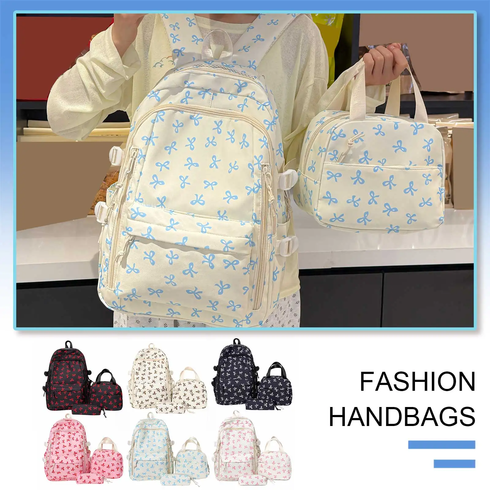 Coquette Bow Cute Kawaii Backpack Set with Lunch Box and Pencil Pouch Aesthetic Preppy Backpack for Teens Girls Students