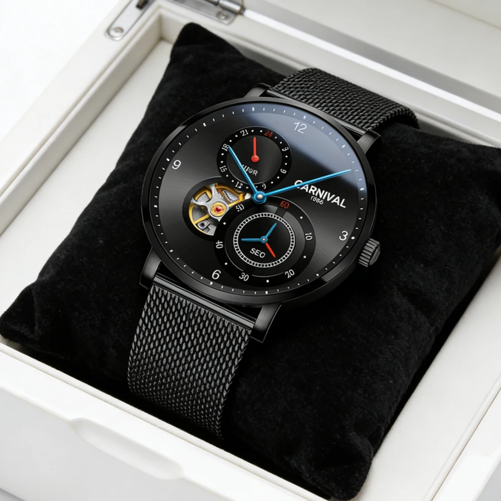 

Мужские механические часы Carnival класса люкс: стильные черные водонепроницаемые часы-скелетоны с турбийоном из нержавеющей стали