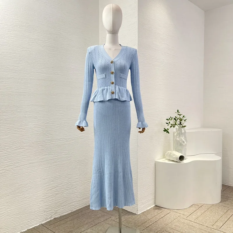 2025 New Women's Blue/Black Elegant Office Lady Long Sleeve V Neck Knit Ruffles Hem Top Quality Maxi Dresses