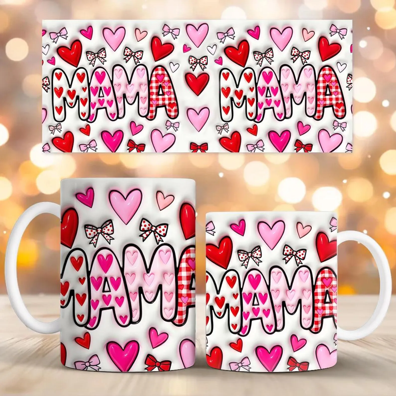 Inflated Checkered Valentine Mama Mug Wrap PNG 11oz 15oz Valentines Day Mama Mug Sublimation Design Instant Download