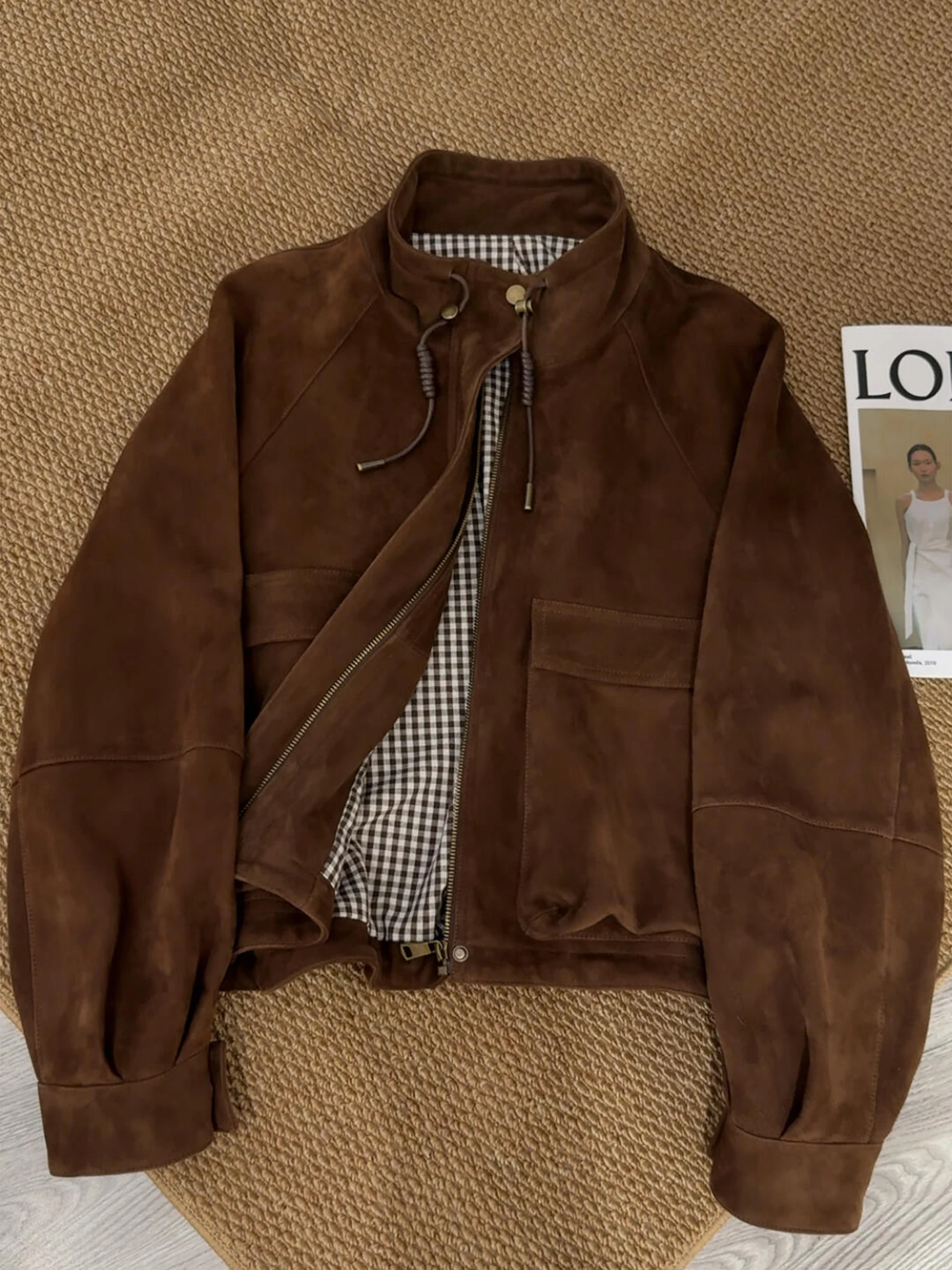 Retro Coffee Suede Short Jacket Women's Spring New Design Commute Style Standard Fit Zipper Closure Pure Color Ladies Coat