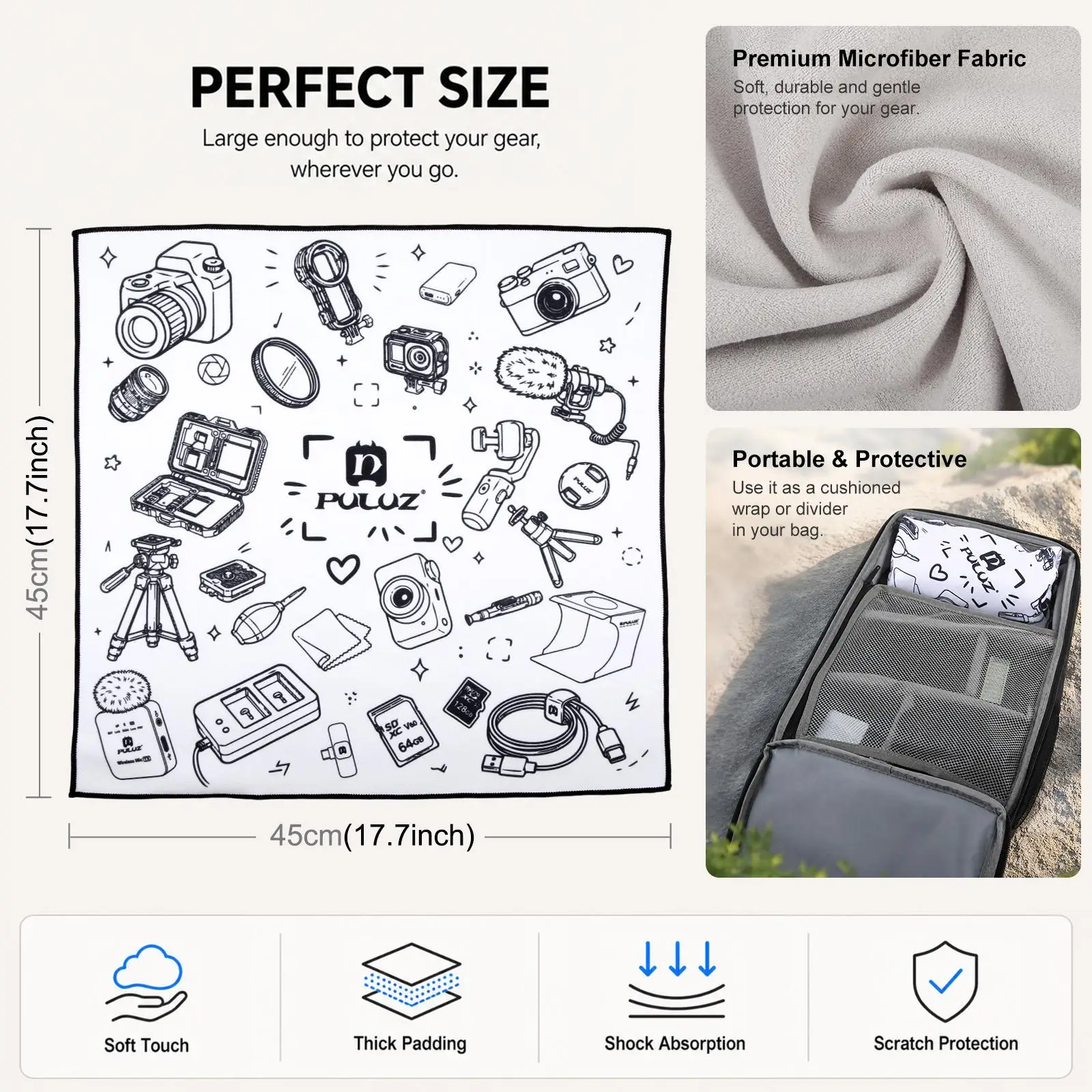 PULUZ 45 x 45cm Camera Wrap Cloth Foldable Microfiber Camera Lens Protective Wrap for Action Cameras / DSLRs / Cellphones