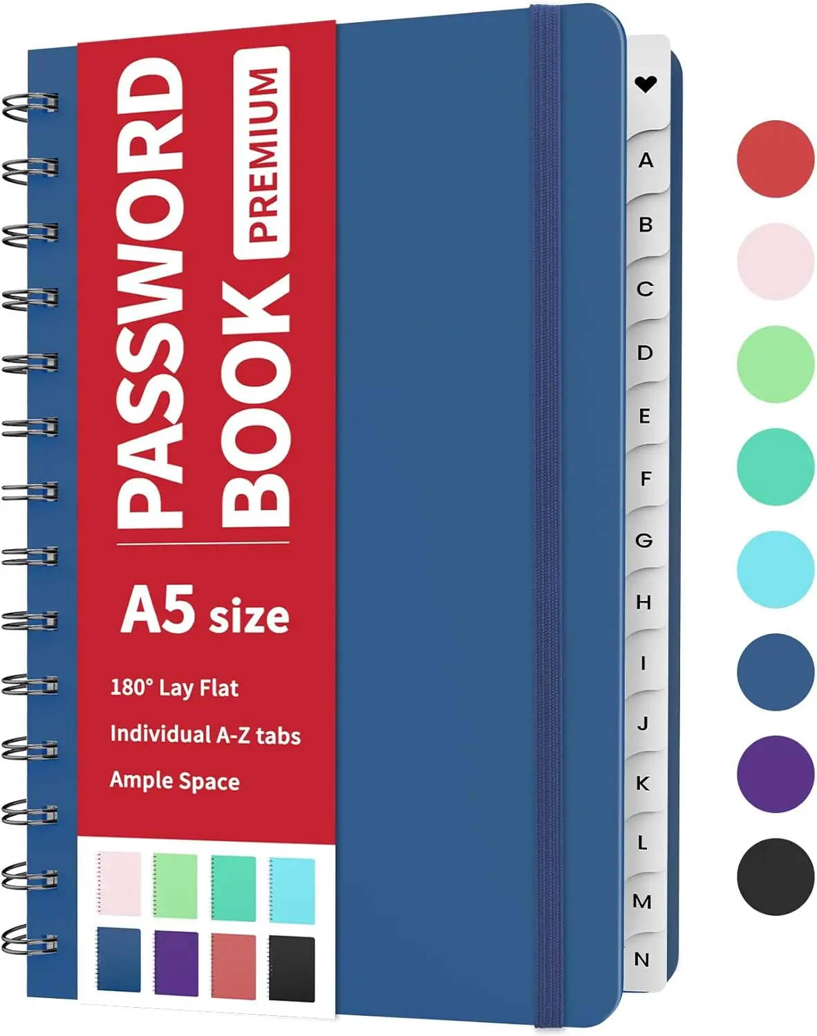 

Password Book with Alphabetical Tabs, 5.3"x7.6" Medium Size, Spiral Password Keeper for Seniors, Cute Password Manager Logbook for Home Office, Navy Blue