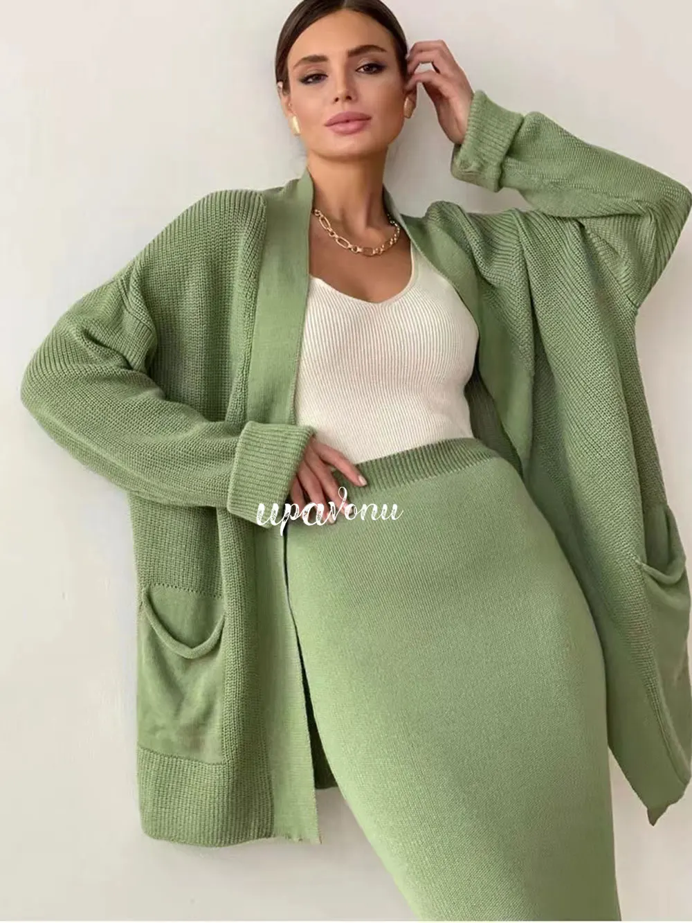 2024 Autumn Casual Women\'S Knitted Skirt Set, Fashionable Oversized Knitted Cardigan Jacket+Pleated Midi Skirt Two-Piece Set