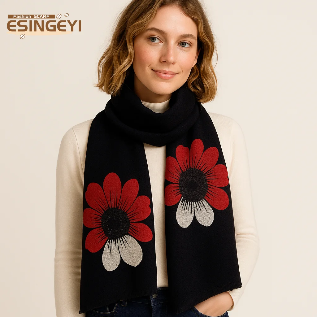 

ESINGEYI 2025 Winter Scarves Woman Foulards Femme Scarf Imitation Cashmere Flower pashmina Shawl Muffler Tippet