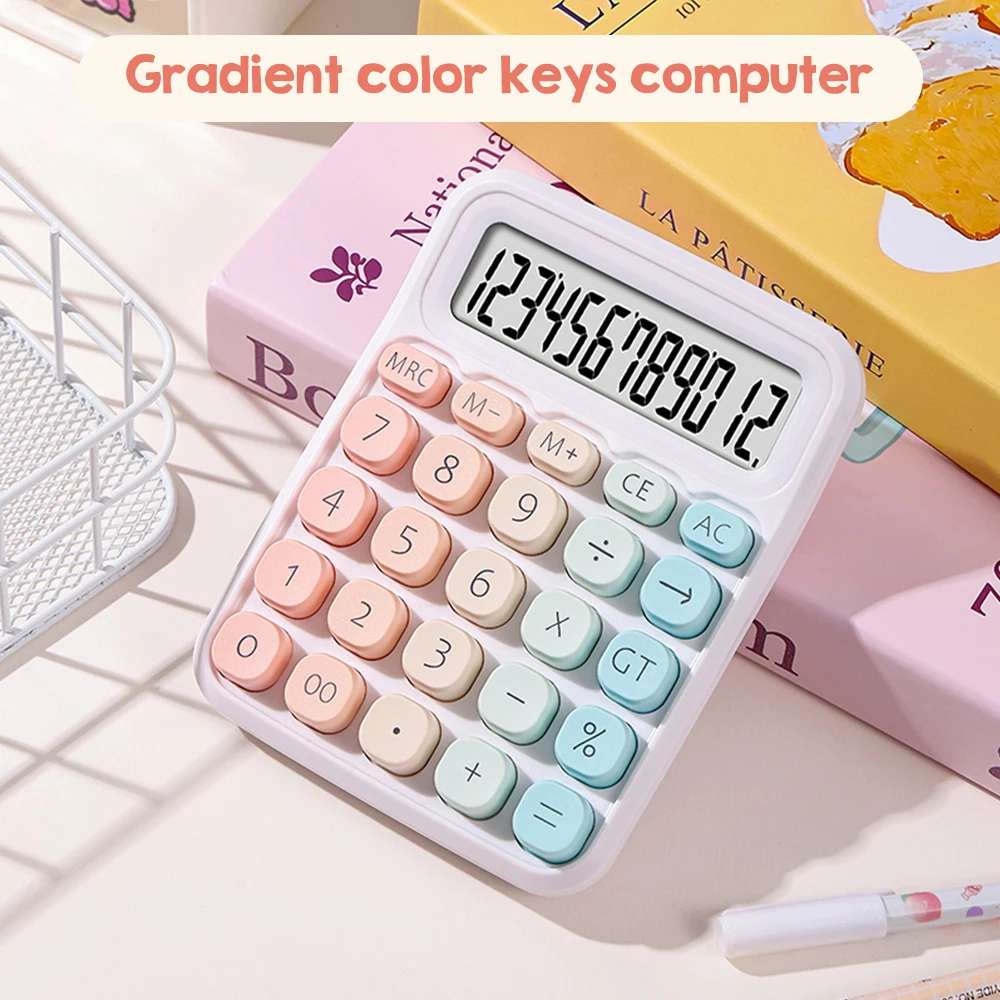 Calculator 12 Digit Large LCD Display Big Round Button Gradient Candy Colored Dual Power Supply Calculator for Office School