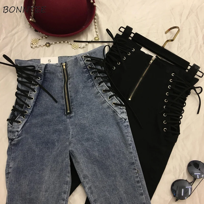 Jeans Women Lace-up Skinny All-match Zipper Simple Trendy Ankle-Length Trousers Womens Spring Autumn Slim Female High Quality