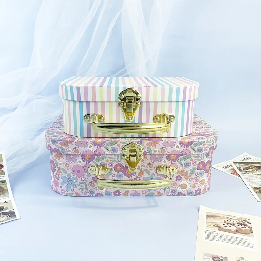 2pcs Cute Floral Pastel Striped Storage Suitcase Portable Vintage Paper Box with Handle Decorative Gift Box for Wedding Birthday