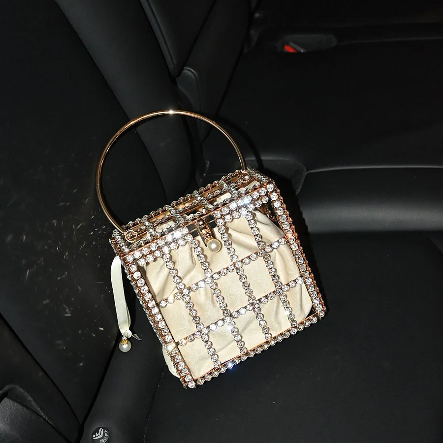 حقيبة ألماس مرصعة بالألماس على شكل قفص لؤلؤي وحفلات العشاء وسلة خضروات معدنية وحقيبة ساعي البريد #2