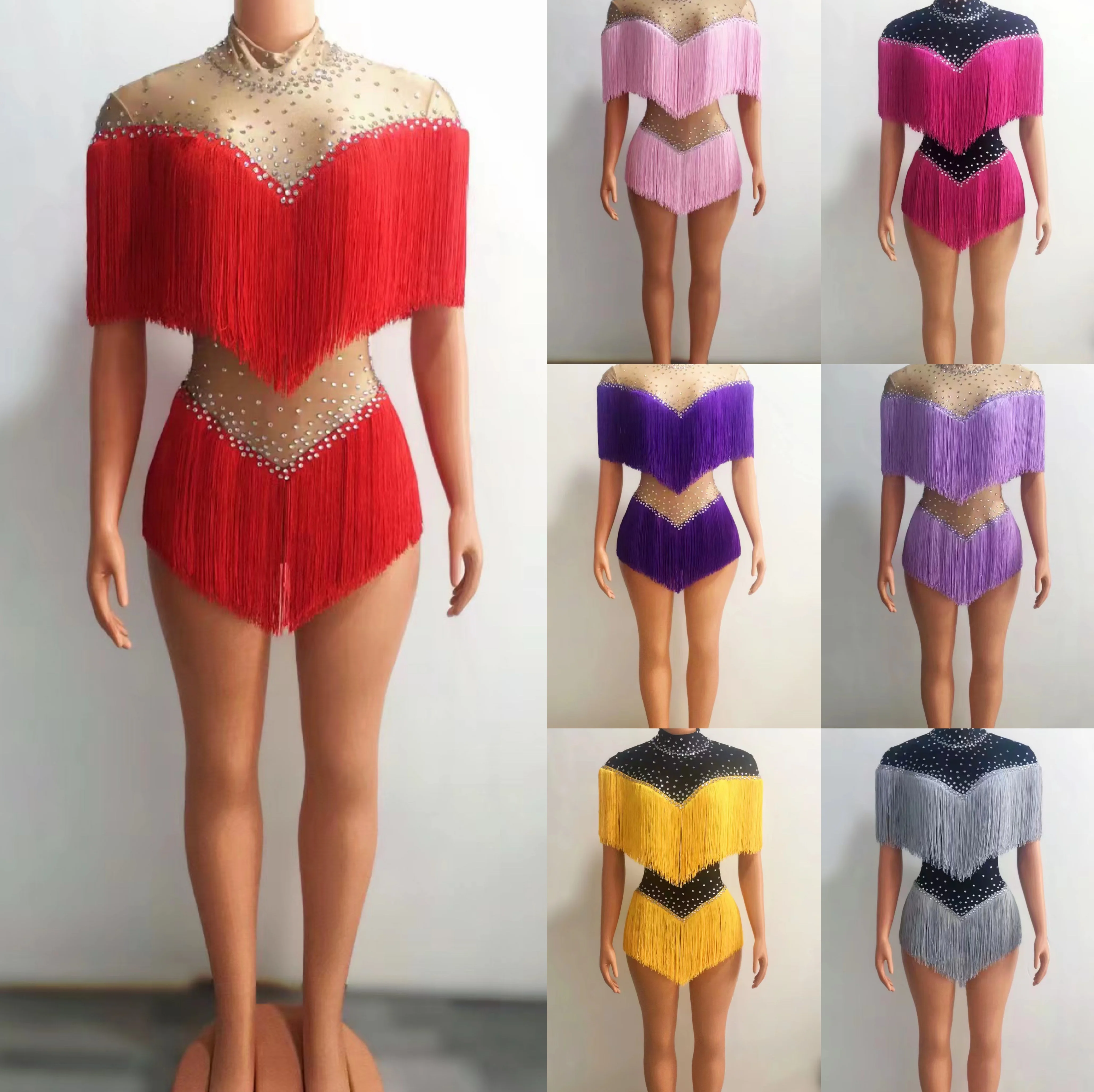 Multi-Color Rhinestone Fringe Jumpsuit Singer Dancer Stage Costume Drag Queen Stretch Bodysuit Nightlcub Bar Rave Outfit