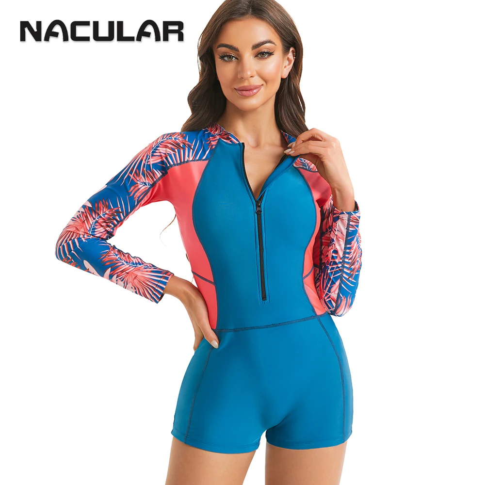 NACULAR One Piece Women Swimwear Swimsuit Long Sleeve Zipper Female Beachwear Bodysuit Printed Sports 2024 Boyshorts Surfing