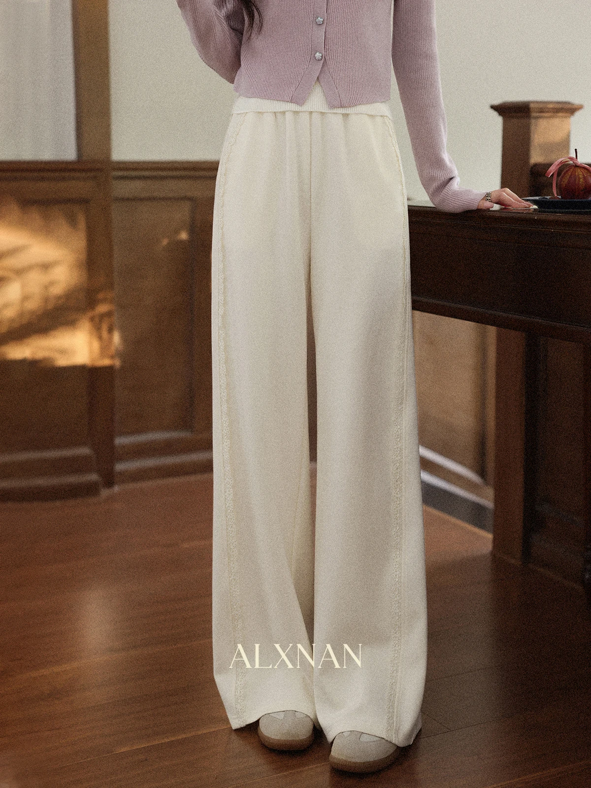 

ALXNAN Women's Pants Beige Casual Wide-leg High-waist Straight Baggy Pants 2025 Autumn Loose-fit Office Lady Trousers L569196