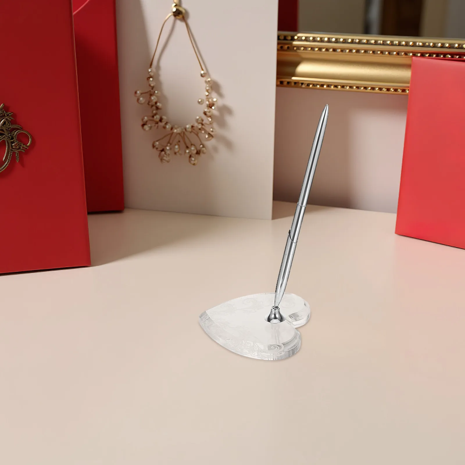 

Elegant Silver Ballpoint Pen Acrylic Heart Stand Wedding Guest Book Ceremony Reception Signature Wedding Sign-in