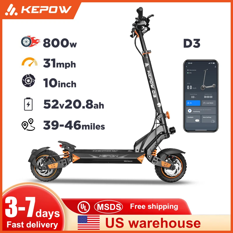 

KEPOW D3 52 В/20,8 Ач аккумуляторный электрический скутер 800 Вт бесщеточный двигатель максимальная скорость 31 миль в час 10 дюймов внедорожные шины складной электросамокат