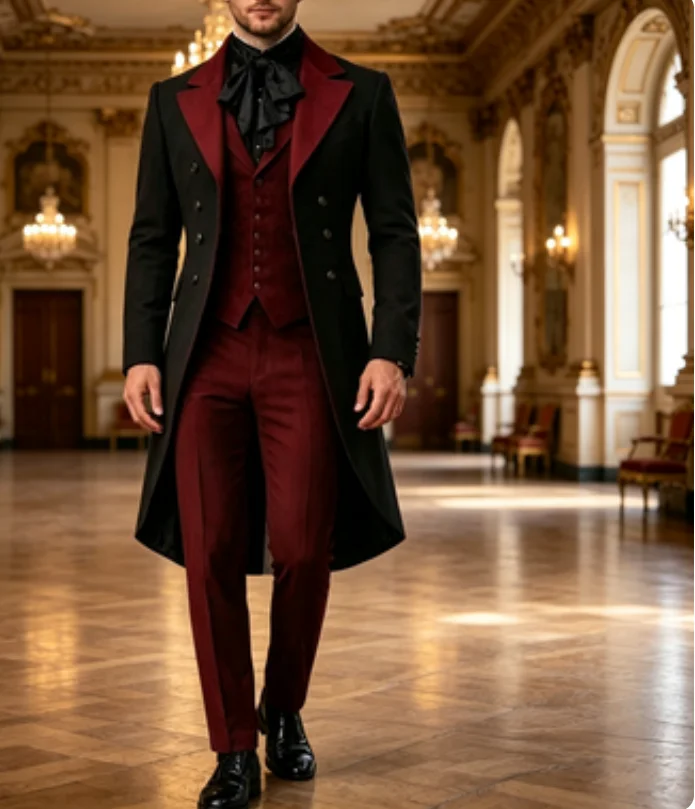 

Black And Burgundy Long Blazer Formal Men Suit Wedding Party Groom Prom Business Male Tuxedos 3 Piece Set Jacket Vest Pants