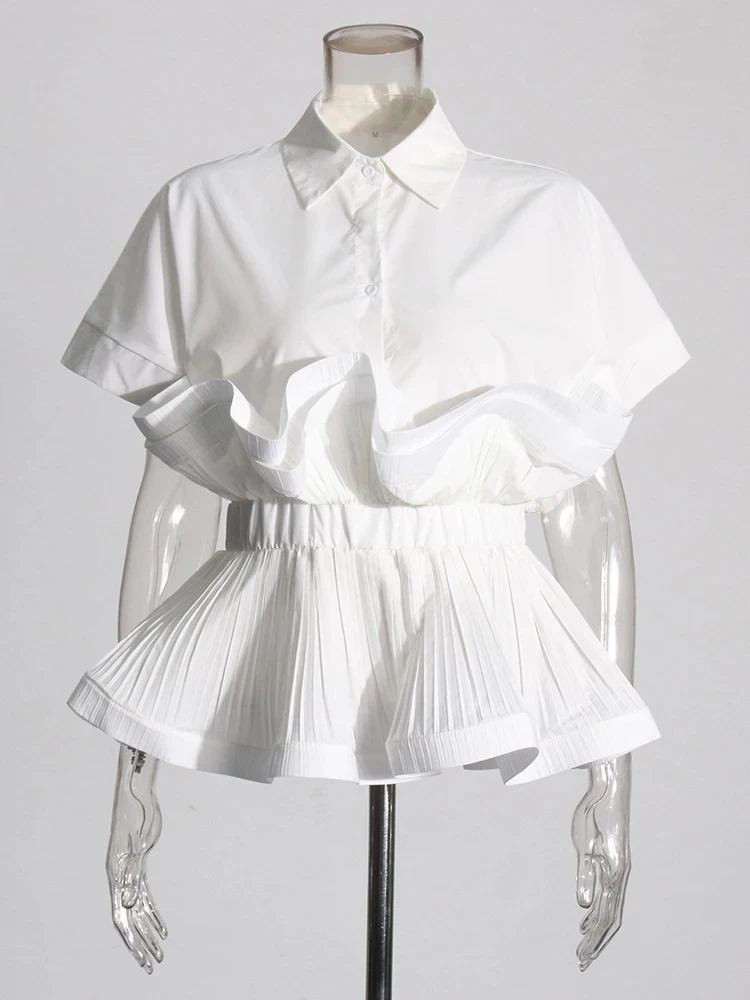 VGH Solid Spliced Button Shirts For Women Lapel Short Sleeve Patchwork Ruffles Elegant Chic Blouse Female Fashion New