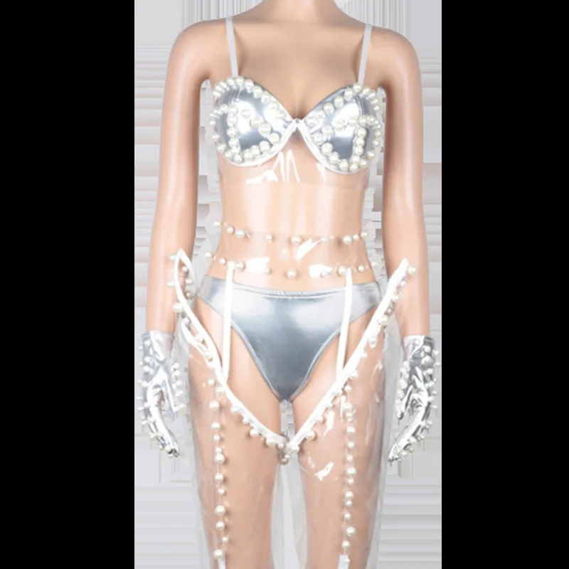 Nowa sukienka bar ds performance seksowna dj klub nocny gogo prowadzący taniec perłowe bikini zestaw sukienek scenicznych