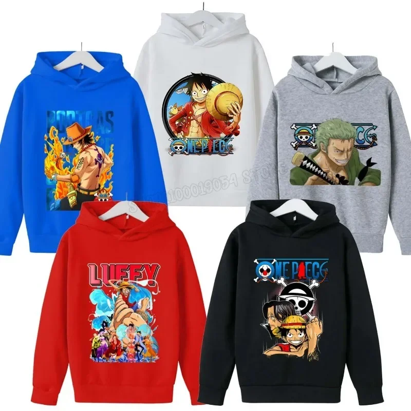 One Piece Thick Hoodie for Children Cute Cartoon Fleece Clothing Trendy Luffy Anime Hoodies Fashion Clothes Sweatshirt Kids Gift