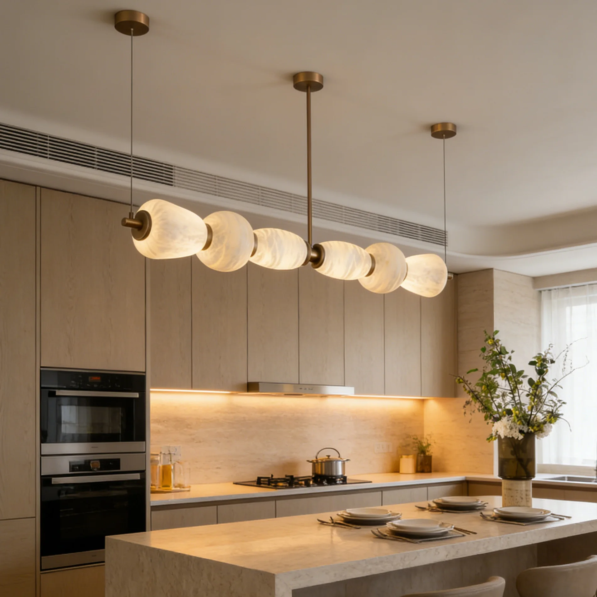 Copper and Spanish Alabaster Marble Chandelier Modern and Minimalist Long Strip Dining Room bar High-end Front Desk Chandelier