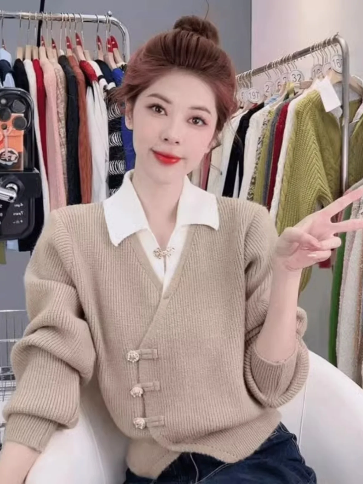 Cárdigan Hoado de Punto para Mujer, Estilo Otoñal, Diseño con Sensación de Dos Piezas, Suéter Acolchado con Botones