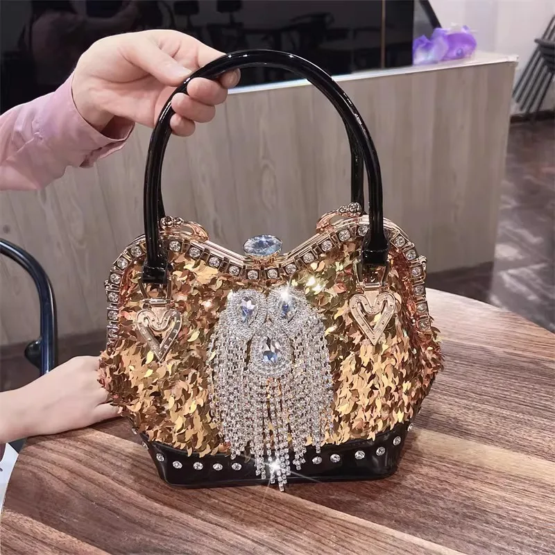 Spring new diamond metal large-capacity one-shoulder cross-body square bag banquet rhinestone tassel sequin women's handbag