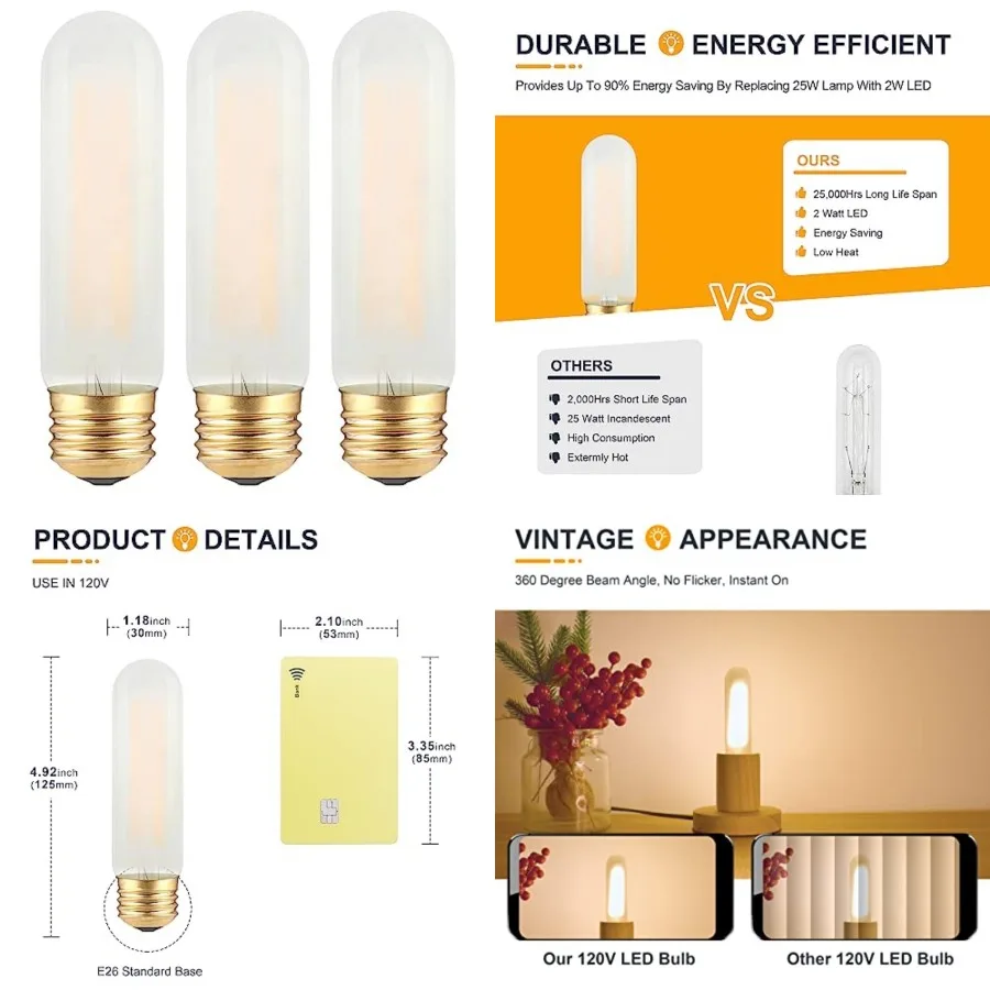 

Frosted T10 LED Bulb- Dimmable E26 LED Chandelier Light Bulbs 25W Equivalent- 2700K Soft Warm- 2W Vintage Tubular Edison LightB