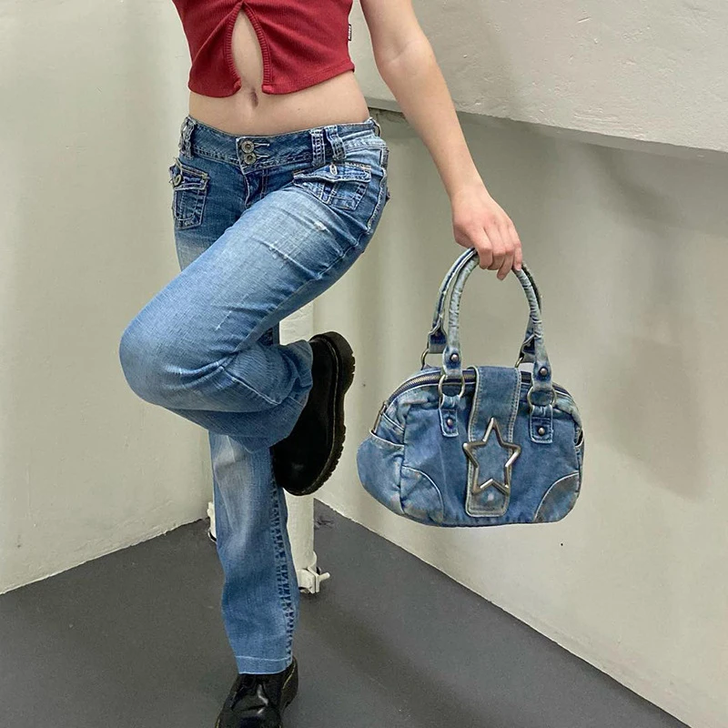 New Denim Metal Star Square Underarm Bag Exquisite Y2k Large Capacity Lady Personality Vintage Denim High Quality Shoulder Bag