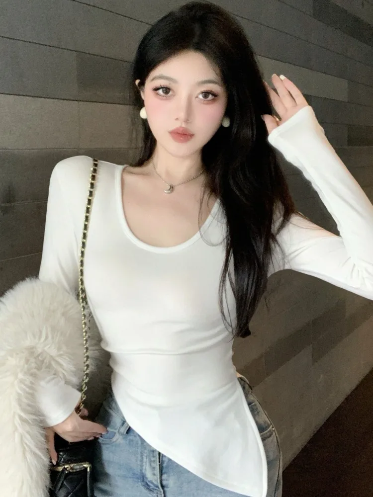 

Sexy Spicy Girl U-Neck Long Sleeve T-Shirt Women's Autumn Fashion Pad Shoulder Slim Waist Base Shirt Korean Style Commute Wind