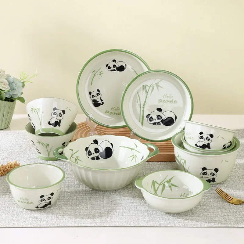 Panda Children\'s Ceramic Rice Bowl Cute Household Soup Bowl Baking Dish Creative Gift Tableware Plate Set