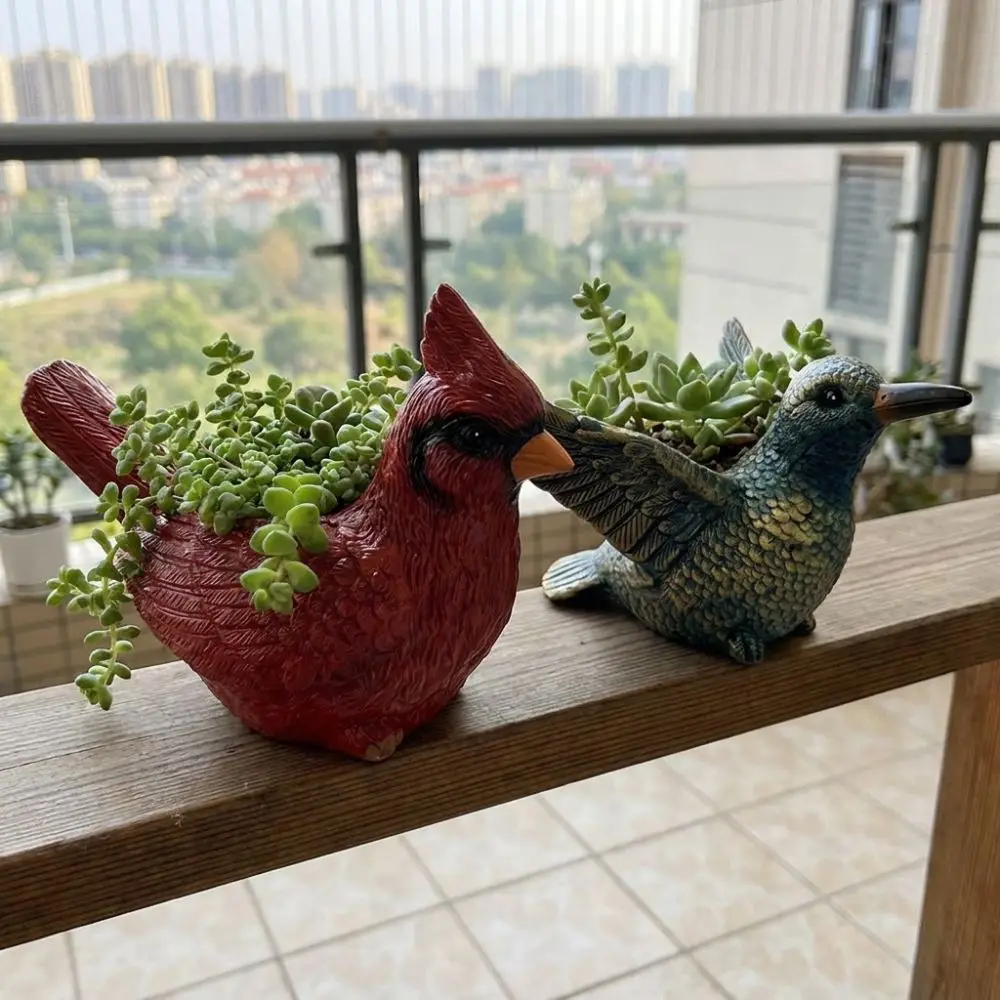 Resin Lively Bird Plant Pot with Drainage Hole Hummingbirds Bird Shaped Planter Wide Opening Novelty