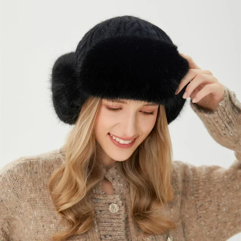 Russian Caps Fur Winter Thickened Warm Knit Ushanka Earflap Pilot Hat for Women Ski Snow Bomber Hat Шапка Ушанка Женская