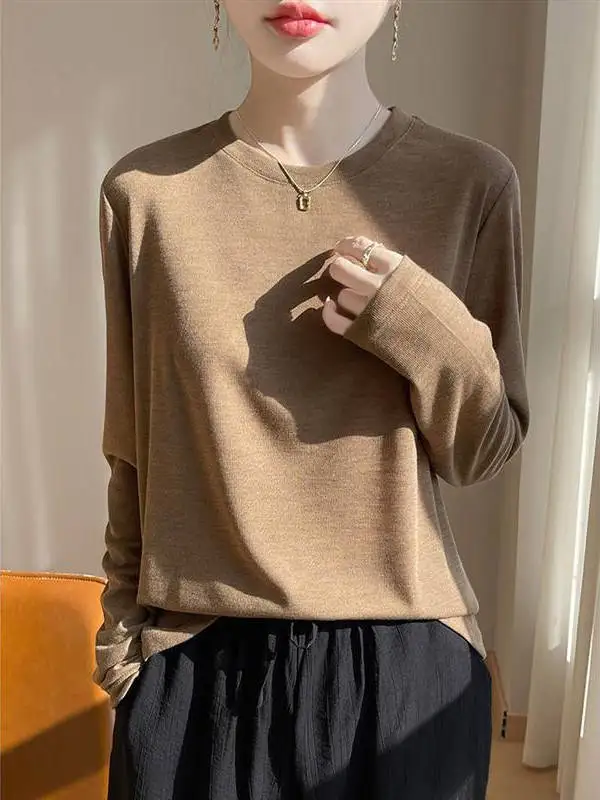 レースルロングスリーブラウンドネック軽量ルーズレディースTシャツシルク春夏インナーTシャツエアコンTシャツ