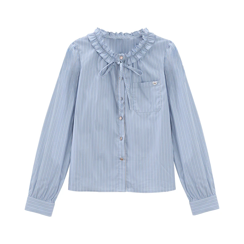 ALXNAN Blue Striped Shirt Lace Collar Long Sleeve Cotton Women's Shirts 2025 Autumn Casual Office Lady Fashion Top Ladies L57037