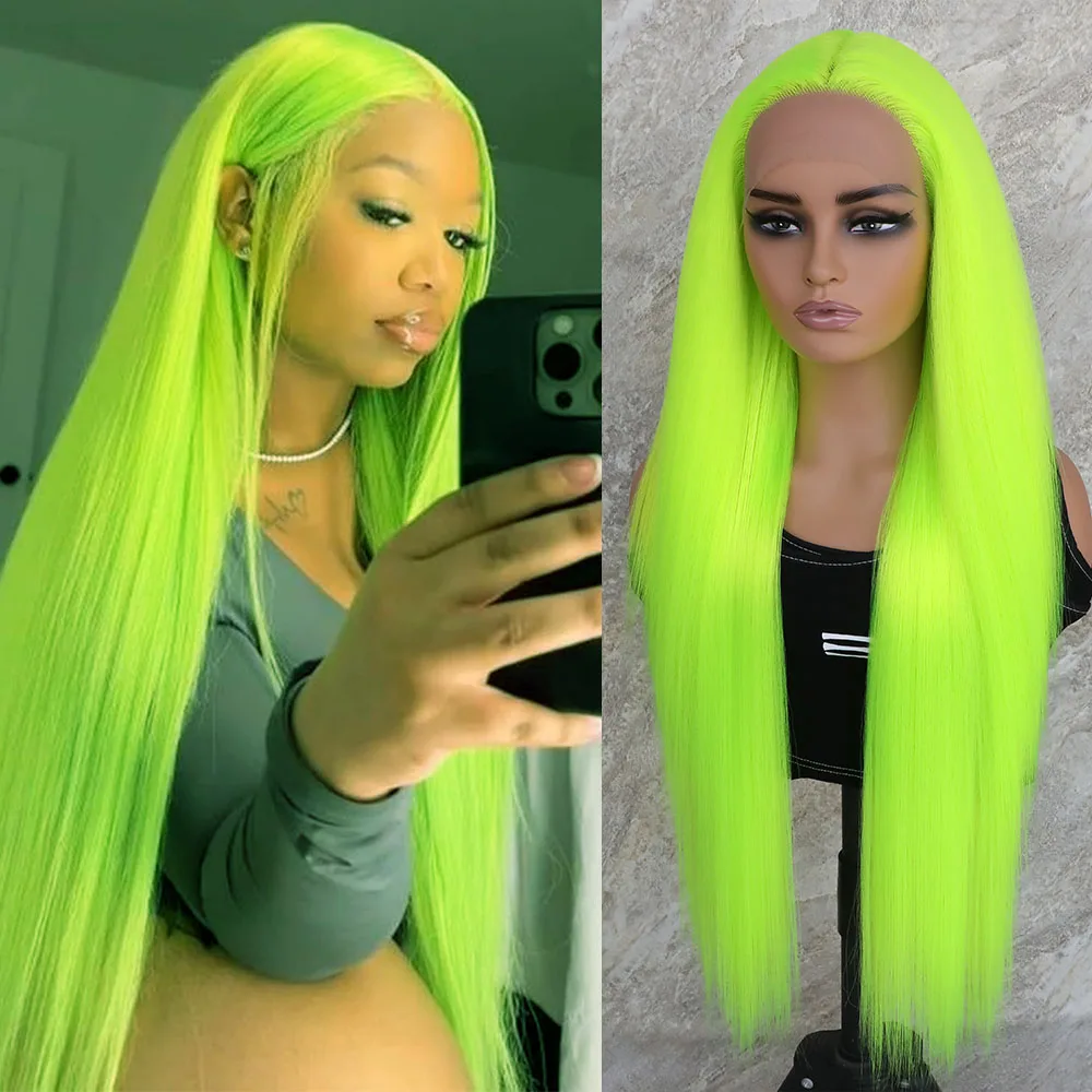 Fluorescent Green Long Straight Hair Synthetic Lace Front Wigs Glueless 13x4x1 Middle Part Pre Plucked Natural Hairline Party