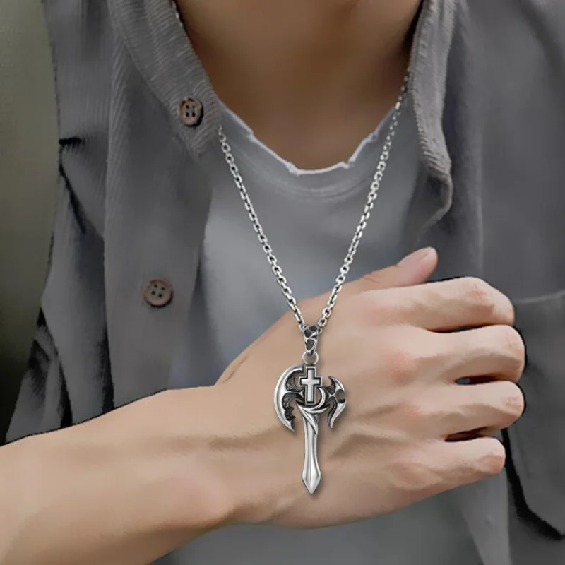 Gold-plated copper Thai silver vintage fashion domineering axe cross necklace for men, hip-hop versatile pendant wholesale