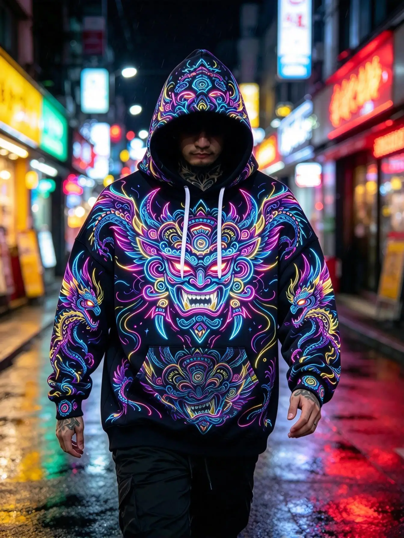 Men's Hoodie Black Neon Glowing Mythical Beast Mask Print Breathable Soft Pullover Sweatshirt for Streetwear Party Daily Wear