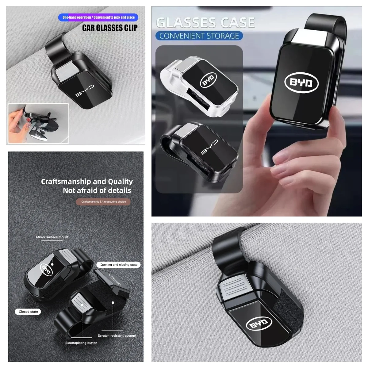 Compact Mirror‑Surface Sunglasses Clip For BYD Dolphin Seal Atto3 Han Tang Song Yuan BYD Logo Sun‑Visor Glasses Storage Bracket