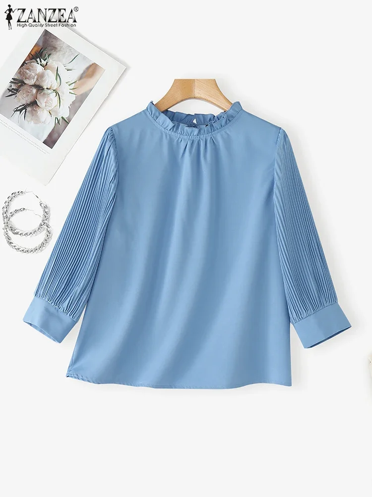 2025Herfst ZANZEA Elegante Blouses Vrouwen 3/4 Bladerdeeg Mouw Geplooide Mode Tops Casual Stijlvolle Shirts Verstoorde Effen Kleur Blusas