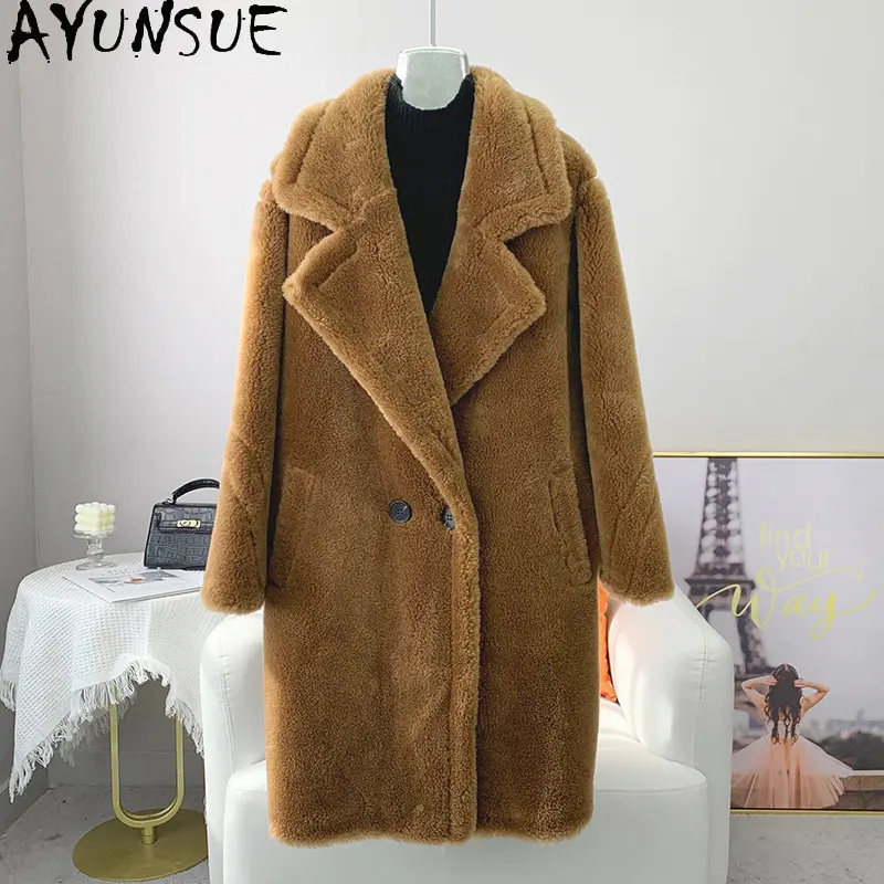 AYUNSUE High Street Sheep Shearing Jacket Women 2023 Winter 100% Wool Coat Fur Coats Jackets Mid-length Overcoat Abrigo Mujer